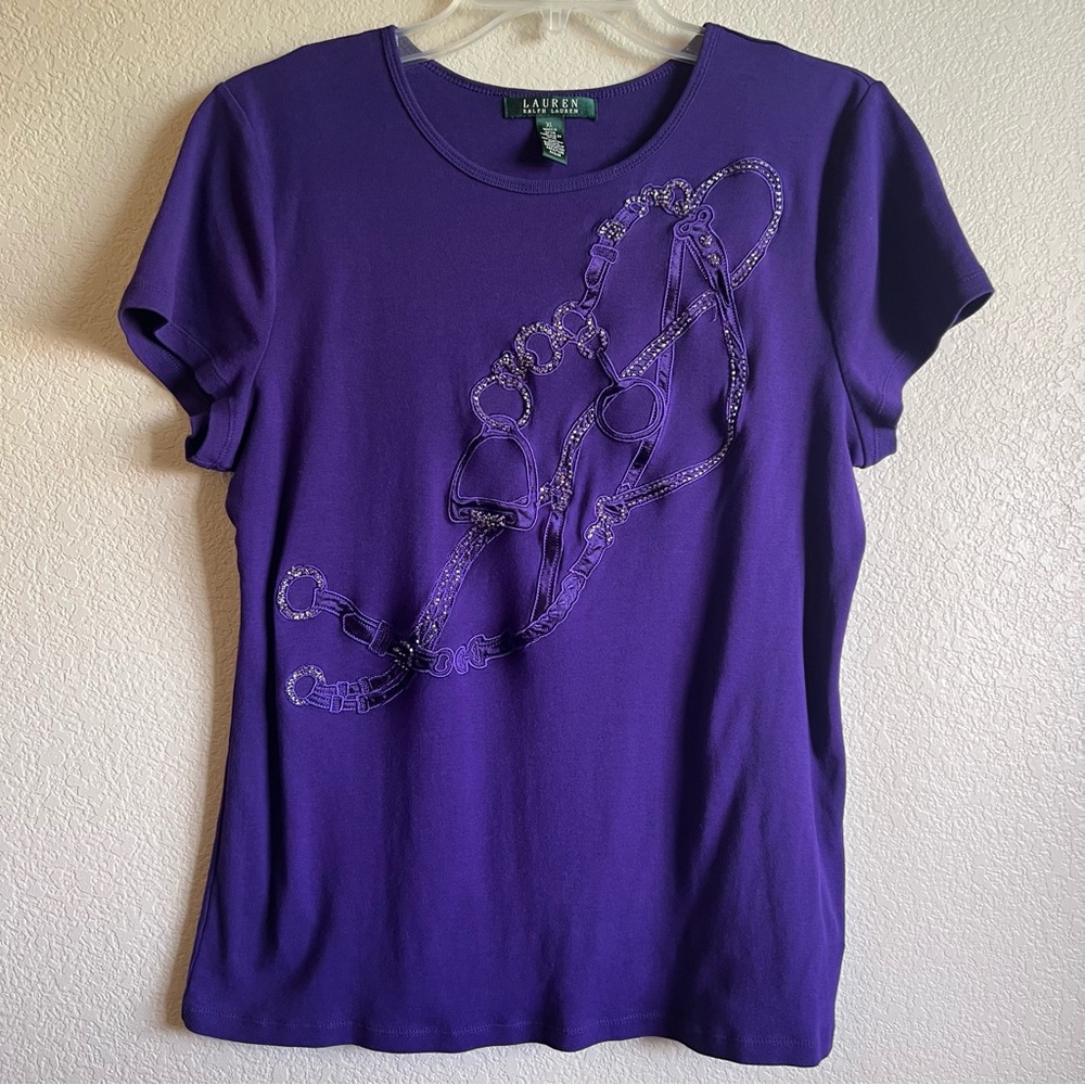 Lauren by Ralph Lauren Purple Beaded Equestrian Women's Top Cotton XL